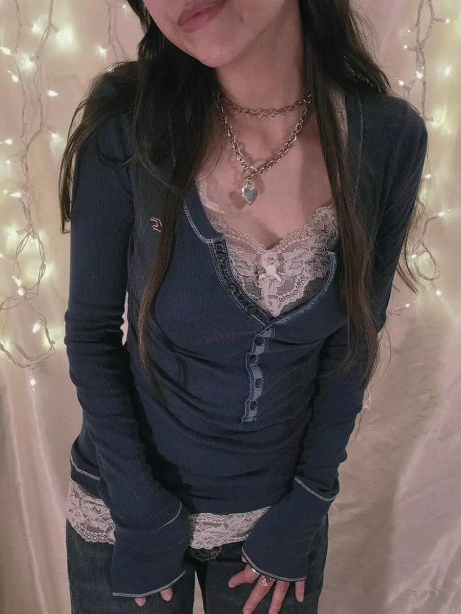 Womens Y2k Tee Crop Top Long Sleeve Lace Fairycore Grunge T-Shirts Ribbed Knit Harajuku Aesthetic Girl Tops T-Shirts Streetwear - SS69