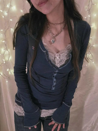 Womens Y2k Tee Crop Top Long Sleeve Lace Fairycore Grunge T-Shirts Ribbed Knit Harajuku Aesthetic Girl Tops T-Shirts Streetwear - SS69