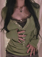 Womens Y2k Tee Crop Top Long Sleeve Lace Fairycore Grunge T-Shirts Ribbed Knit Harajuku Aesthetic Girl Tops T-Shirts Streetwear - SS69