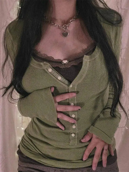 Womens Y2k Tee Crop Top Long Sleeve Lace Fairycore Grunge T-Shirts Ribbed Knit Harajuku Aesthetic Girl Tops T-Shirts Streetwear - SS69