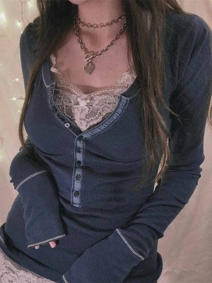 Womens Y2k Tee Crop Top Long Sleeve Lace Fairycore Grunge T-Shirts Ribbed Knit Harajuku Aesthetic Girl Tops T-Shirts Streetwear - SS69