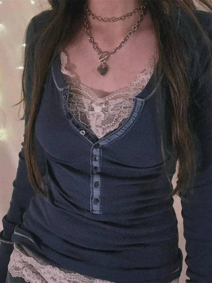 Womens Y2k Tee Crop Top Long Sleeve Lace Fairycore Grunge T-Shirts Ribbed Knit Harajuku Aesthetic Girl Tops T-Shirts Streetwear - SS69