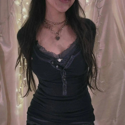 Womens Y2k Tee Crop Top Long Sleeve Lace Fairycore Grunge T-Shirts Ribbed Knit Harajuku Aesthetic Girl Tops T-Shirts Streetwear - SS69