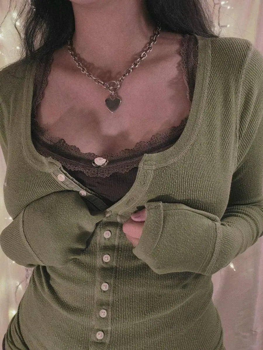 Womens Y2k Tee Crop Top Long Sleeve Lace Fairycore Grunge T-Shirts Ribbed Knit Harajuku Aesthetic Girl Tops T-Shirts Streetwear - SS69