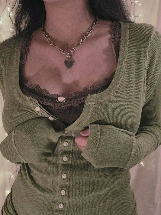 Womens Y2k Tee Crop Top Long Sleeve Lace Fairycore Grunge T-Shirts Ribbed Knit Harajuku Aesthetic Girl Tops T-Shirts Streetwear - SS69