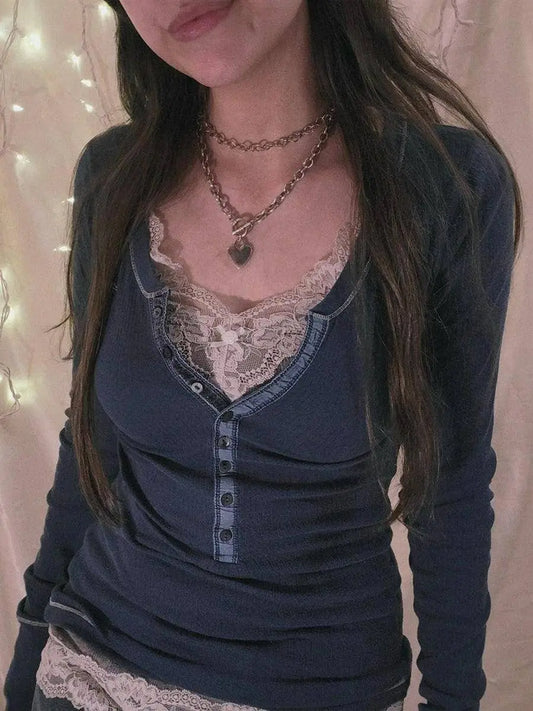 Womens Y2k Tee Crop Top Long Sleeve Lace Fairycore Grunge T-Shirts Ribbed Knit Harajuku Aesthetic Girl Tops T-Shirts Streetwear - SS69