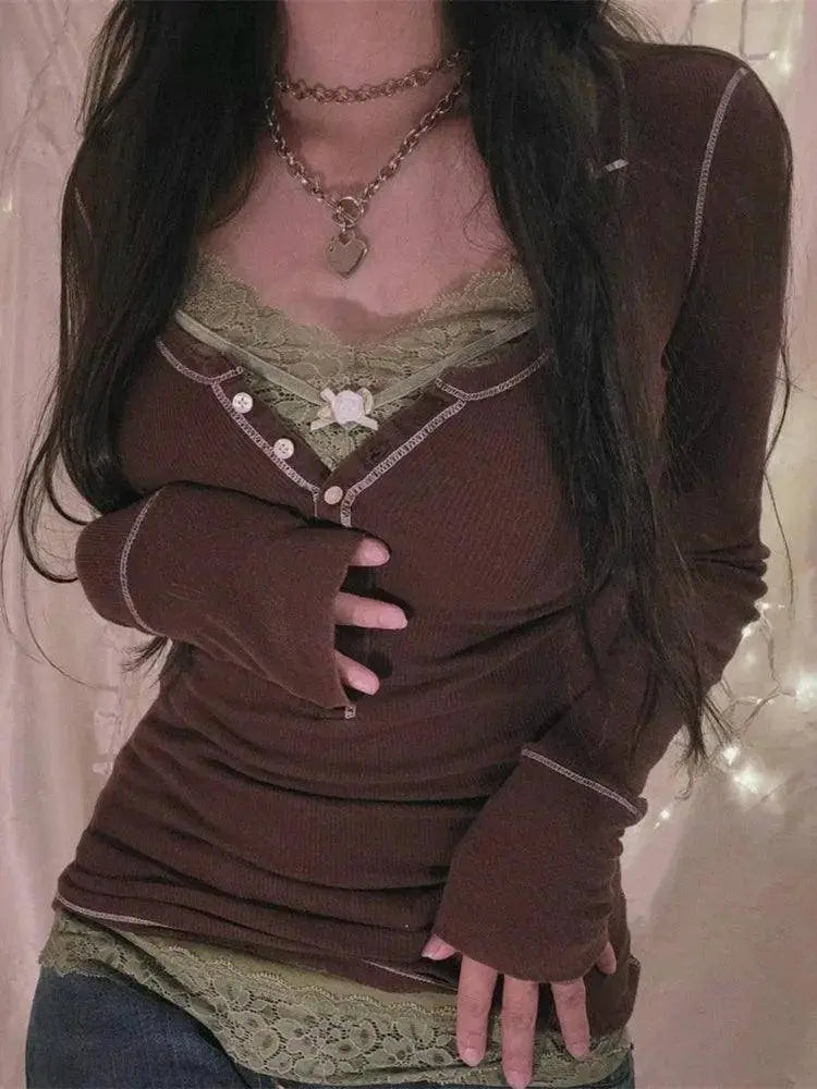 Womens Y2k Tee Crop Top Long Sleeve Lace Fairycore Grunge T-Shirts Ribbed Knit Harajuku Aesthetic Girl Tops T-Shirts Streetwear - SS69