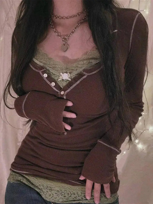 Womens Y2k Tee Crop Top Long Sleeve Lace Fairycore Grunge T-Shirts Ribbed Knit Harajuku Aesthetic Girl Tops T-Shirts Streetwear - SS69