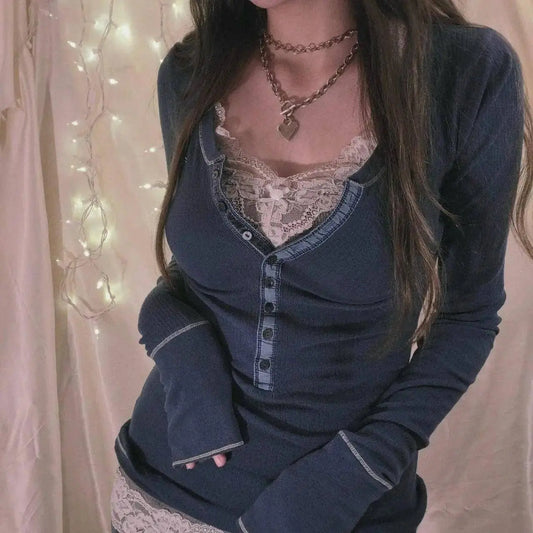 Womens Y2k Tee Crop Top Long Sleeve Lace Fairycore Grunge T-Shirts Ribbed Knit Harajuku Aesthetic Girl Tops T-Shirts Streetwear - SS69