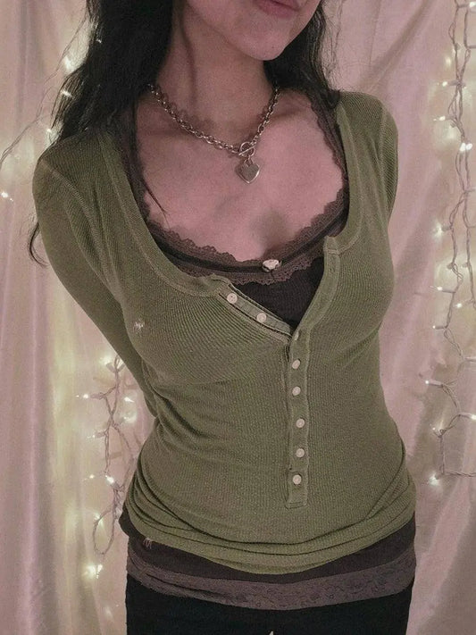 Womens Y2k Tee Crop Top Long Sleeve Lace Fairycore Grunge T-Shirts Ribbed Knit Harajuku Aesthetic Girl Tops T-Shirts Streetwear - SS69