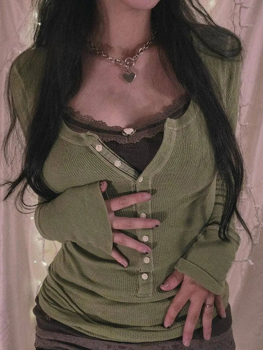 Womens Y2k Tee Crop Top Long Sleeve Lace Fairycore Grunge T-Shirts Ribbed Knit Harajuku Aesthetic Girl Tops T-Shirts Streetwear - SS69