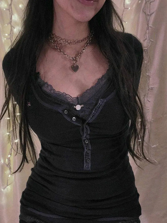 Womens Y2k Tee Crop Top Long Sleeve Lace Fairycore Grunge T-Shirts Ribbed Knit Harajuku Aesthetic Girl Tops T-Shirts Streetwear - SS69