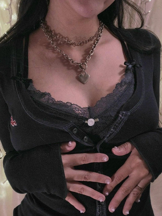 Womens Y2k Tee Crop Top Long Sleeve Lace Fairycore Grunge T-Shirts Ribbed Knit Harajuku Aesthetic Girl Tops T-Shirts Streetwear - SS69