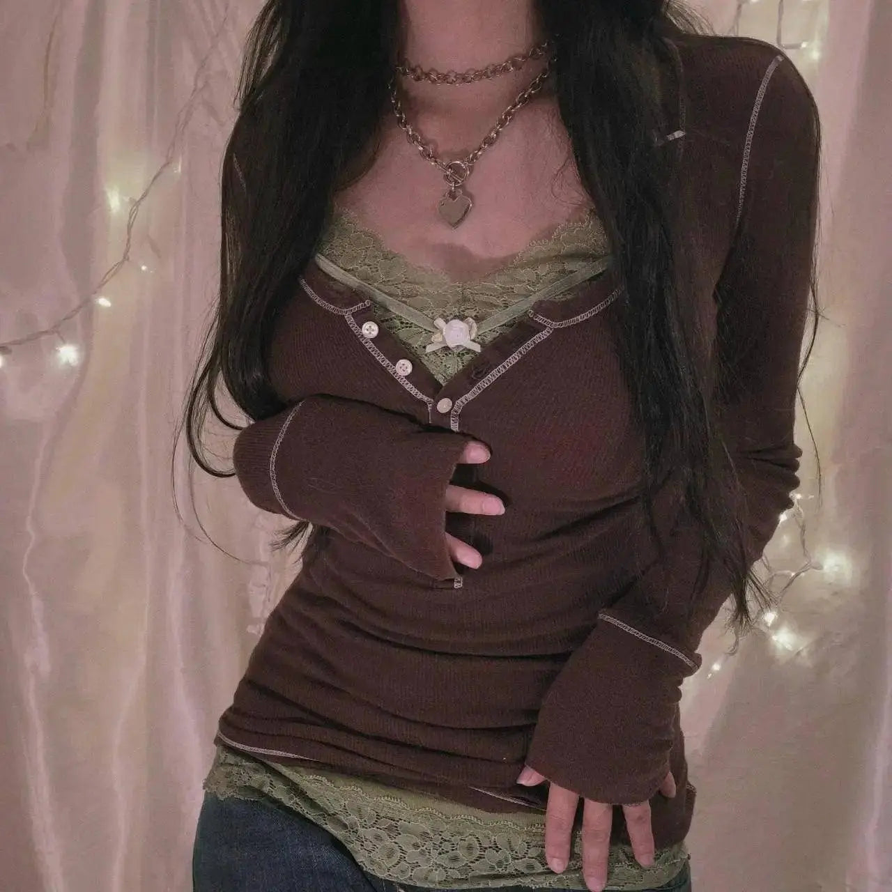 Womens Y2k Tee Crop Top Long Sleeve Lace Fairycore Grunge T-Shirts Ribbed Knit Harajuku Aesthetic Girl Tops T-Shirts Streetwear - SS69