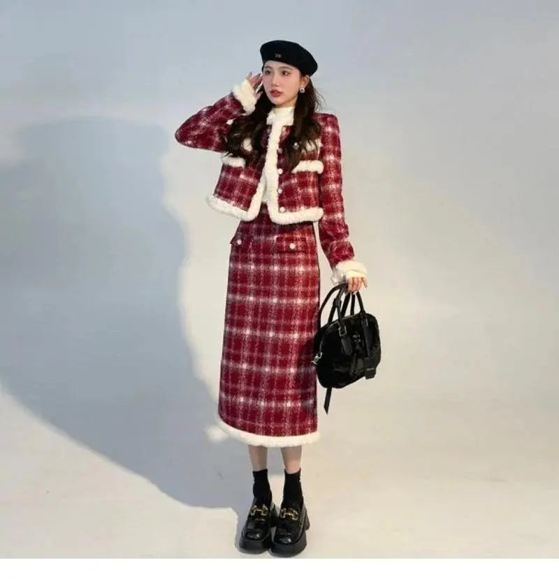Wool Skirt Set Lady Christmas Knot Day Atmosphere Checkered Coat With Skirt Suits Autumn/Winter Red Grid Hairy Small Fragrant.