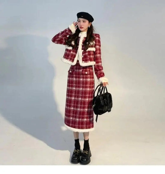 Wool Skirt Set Lady Christmas Knot Day Atmosphere Checkered Coat With Skirt Suits Autumn/Winter Red Grid Hairy Small Fragrant.