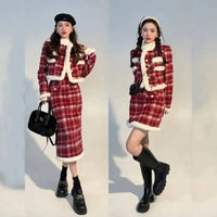 Wool Skirt Set Lady Christmas Knot Day Atmosphere Checkered Coat With Skirt Suits Autumn/Winter Red Grid Hairy Small Fragrant SS69