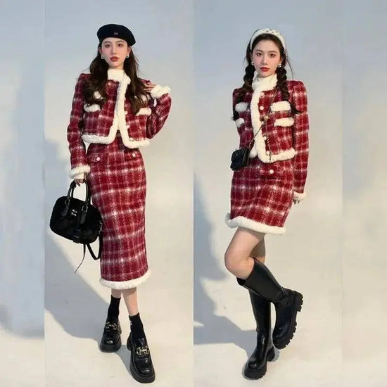 Wool Skirt Set Lady Christmas Knot Day Atmosphere Checkered Coat With Skirt Suits Autumn/Winter Red Grid Hairy Small Fragrant SS69