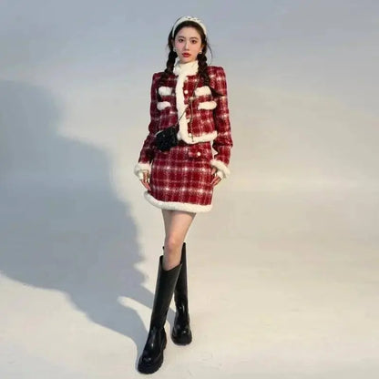 Wool Skirt Set Lady Christmas Knot Day Atmosphere Checkered Coat With Skirt Suits Autumn/Winter Red Grid Hairy Small Fragrant SS69