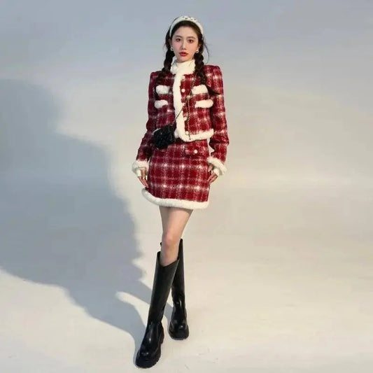 Wool Skirt Set Lady Christmas Knot Day Atmosphere Checkered Coat With Skirt Suits Autumn/Winter Red Grid Hairy Small Fragrant SS69