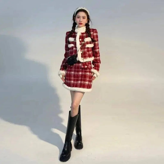 Wool Skirt Set Lady Christmas Knot Day Atmosphere Checkered Coat With Skirt Suits Autumn/Winter Red Grid Hairy Small Fragrant SS69
