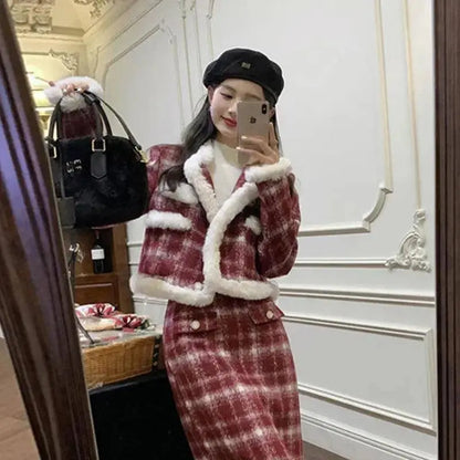 Wool Skirt Set Lady Christmas Knot Day Atmosphere Checkered Coat With Skirt Suits Autumn/Winter Red Grid Hairy Small Fragrant SS69