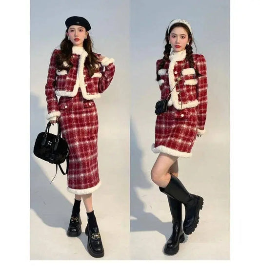 Wool Skirt Set Lady Christmas Knot Day Atmosphere Checkered Coat With Skirt Suits Autumn/Winter Red Grid Hairy Small Fragrant SS69