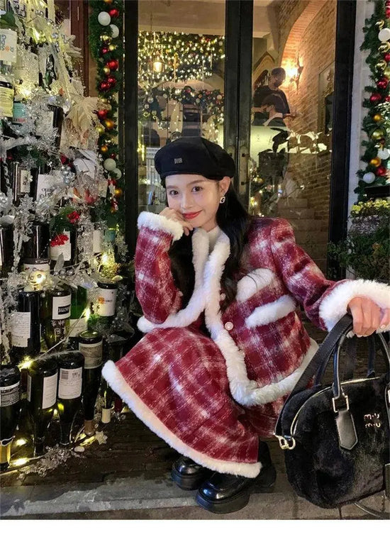 Wool Skirt Set Lady Christmas Knot Day Atmosphere Checkered Coat With Skirt Suits Autumn/Winter Red Grid Hairy Small Fragrant SS69