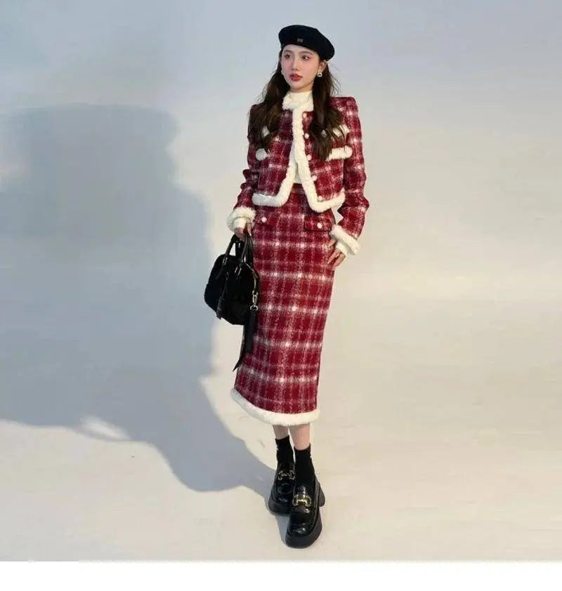 Wool Skirt Set Lady Christmas Knot Day Atmosphere Checkered Coat With Skirt Suits Autumn/Winter Red Grid Hairy Small Fragrant SS69