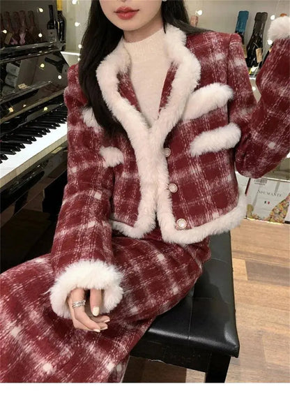 Wool Skirt Set Lady Christmas Knot Day Atmosphere Checkered Coat With Skirt Suits Autumn/Winter Red Grid Hairy Small Fragrant SS69