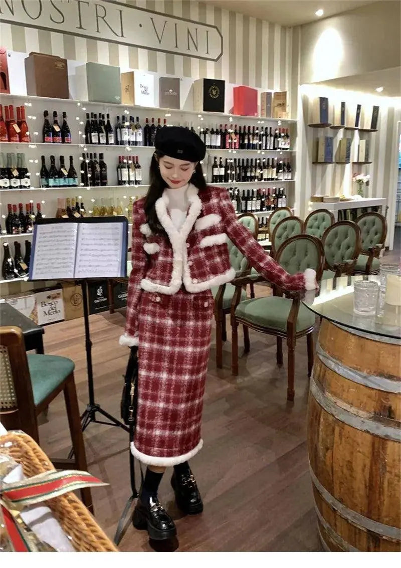 Wool Skirt Set Lady Christmas Knot Day Atmosphere Checkered Coat With Skirt Suits Autumn/Winter Red Grid Hairy Small Fragrant SS69