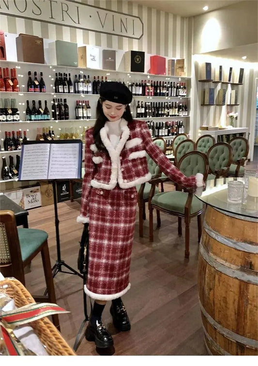Wool Skirt Set Lady Christmas Knot Day Atmosphere Checkered Coat With Skirt Suits Autumn/Winter Red Grid Hairy Small Fragrant SS69