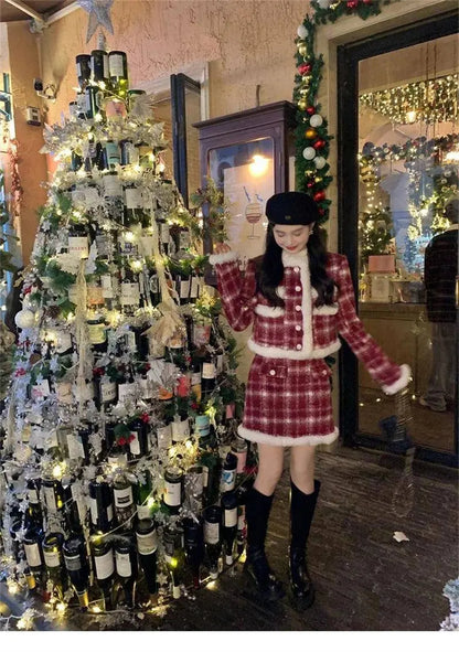 Wool Skirt Set Lady Christmas Knot Day Atmosphere Checkered Coat With Skirt Suits Autumn/Winter Red Grid Hairy Small Fragrant SS69