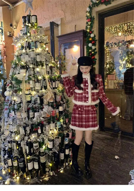 Wool Skirt Set Lady Christmas Knot Day Atmosphere Checkered Coat With Skirt Suits Autumn/Winter Red Grid Hairy Small Fragrant SS69
