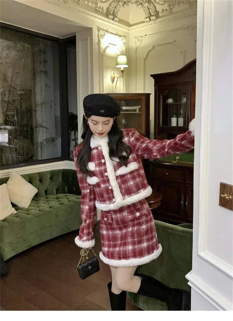 Wool Skirt Set Lady Christmas Knot Day Atmosphere Checkered Coat With Skirt Suits Autumn/Winter Red Grid Hairy Small Fragrant SS69