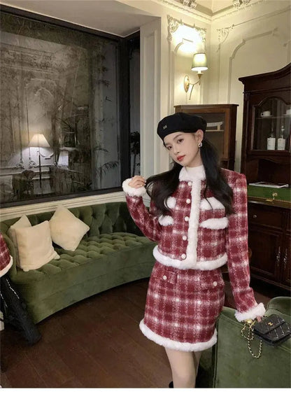 Wool Skirt Set Lady Christmas Knot Day Atmosphere Checkered Coat With Skirt Suits Autumn/Winter Red Grid Hairy Small Fragrant SS69