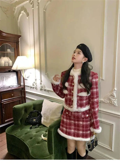 Wool Skirt Set Lady Christmas Knot Day Atmosphere Checkered Coat With Skirt Suits Autumn/Winter Red Grid Hairy Small Fragrant SS69