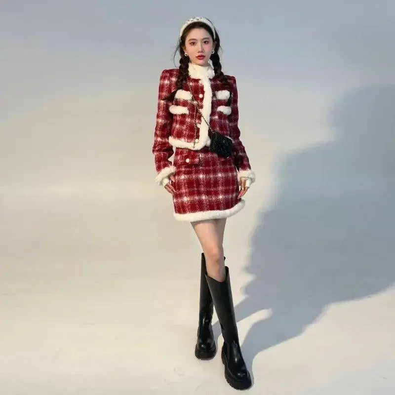 Wool Skirt Set Lady Christmas Knot Day Atmosphere Checkered Coat With Skirt Suits Autumn/Winter Red Grid Hairy Small Fragrant SS69 45.69 Short Suits / S