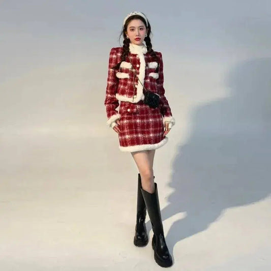 Wool Skirt Set Lady Christmas Knot Day Atmosphere Checkered Coat With Skirt Suits Autumn/Winter Red Grid Hairy Small Fragrant SS69 45.69 Short Suits / S