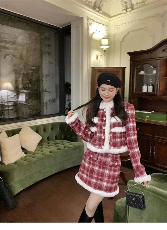 Wool Skirt Set Lady Christmas Knot Day Atmosphere Checkered Coat With Skirt Suits Autumn/Winter Red Grid Hairy Small Fragrant SS69