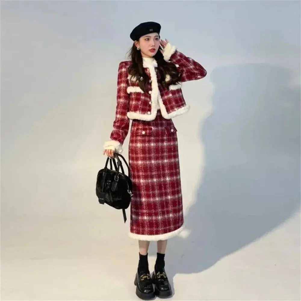 Wool Skirt Set Lady Christmas Knot Day Atmosphere Checkered Coat With Skirt Suits Autumn/Winter Red Grid Hairy Small Fragrant SS69 47.69 Long Suits / S