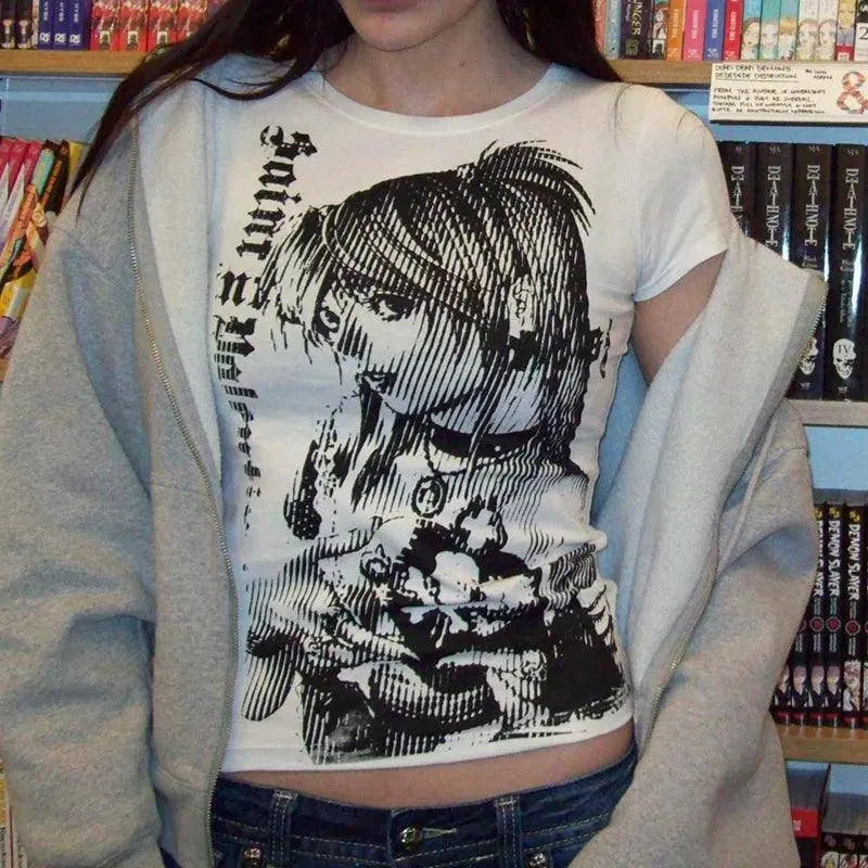 Y2K Anime Streetwear O-Neck 90S Text Printing Tops Women Harajuku Clothes Simple Vintage Crop Tee Aesthetic Emo Casual T-Shirt - SS69
