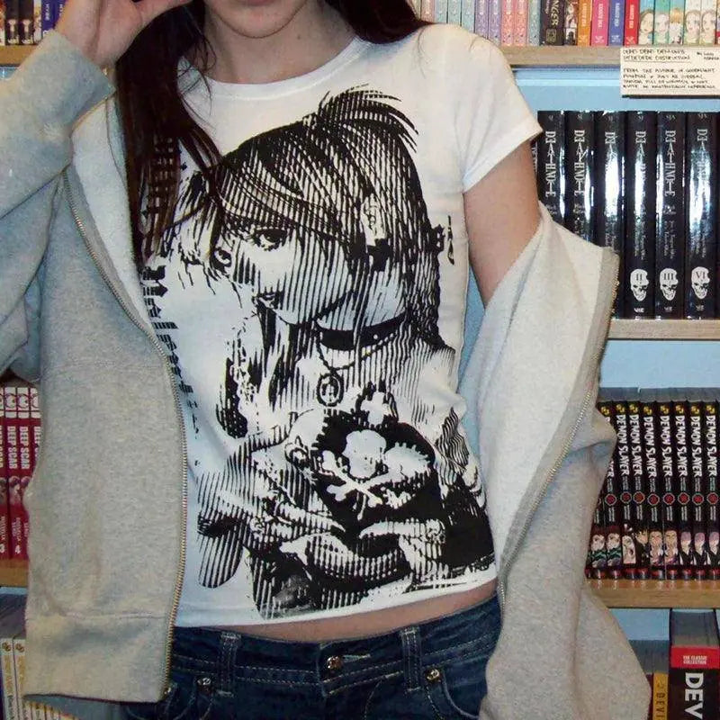 Y2K Anime Streetwear O-Neck 90S Text Printing Tops Women Harajuku Clothes Simple Vintage Crop Tee Aesthetic Emo Casual T-Shirt - SS69