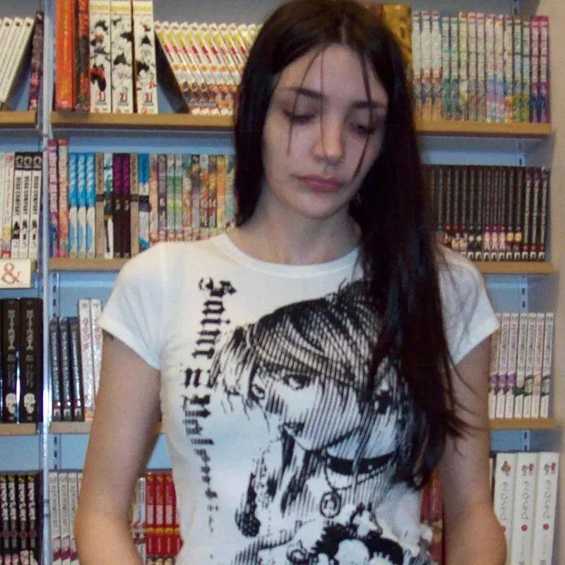 Y2K Anime Streetwear O-Neck 90S Text Printing Tops Women Harajuku Clothes Simple Vintage Crop Tee Aesthetic Emo Casual T-Shirt - SS69