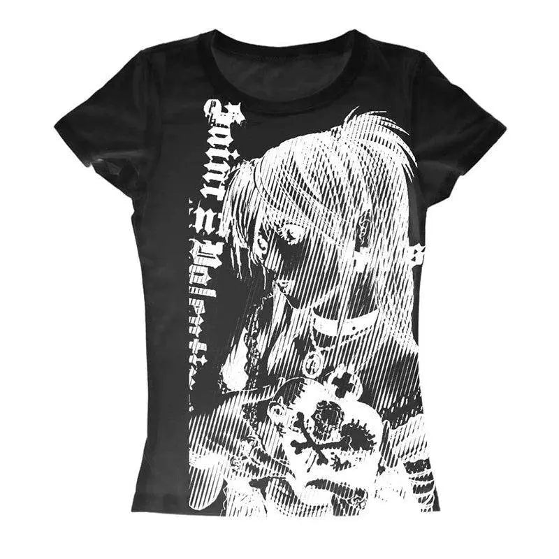 Y2K Anime Streetwear O-Neck 90S Text Printing Tops Women Harajuku Clothes Simple Vintage Crop Tee Aesthetic Emo Casual T-Shirt - SS69