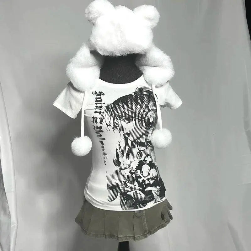 Y2K Anime Streetwear O-Neck 90S Text Printing Tops Women Harajuku Clothes Simple Vintage Crop Tee Aesthetic Emo Casual T-Shirt - SS69
