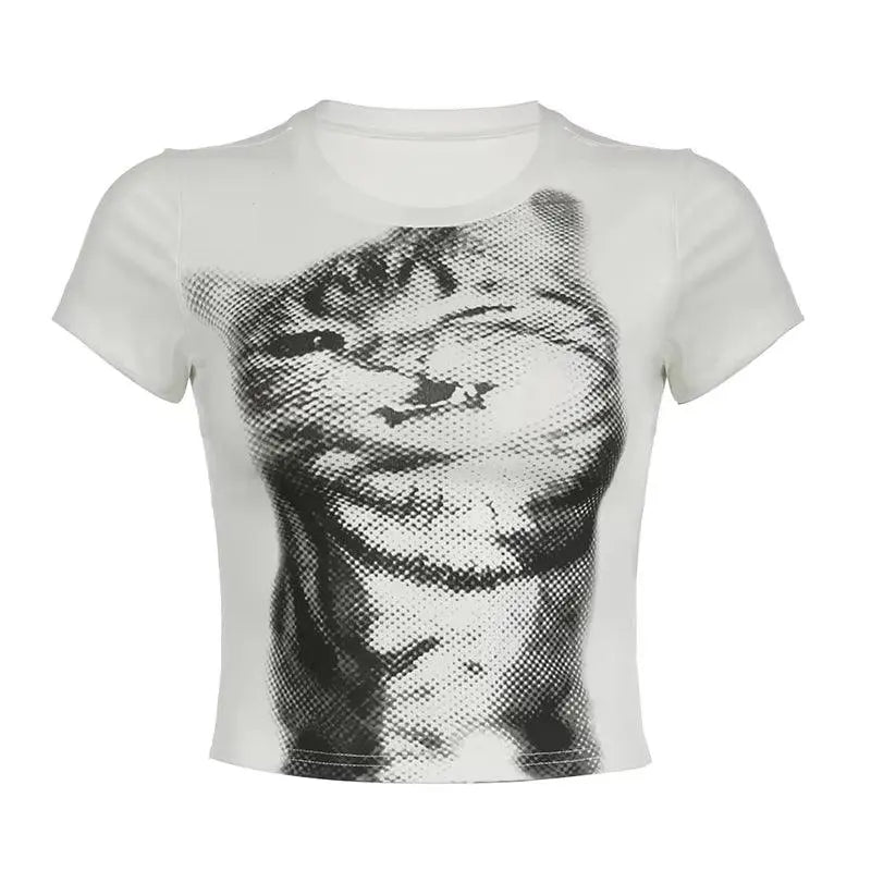 Y2K Cat Print Crop Top O Neck Short Sleeve Vintage Cute Grunge Aesthetic T Shirt Women Harajuku Aesthetic Tee Korean - SS69