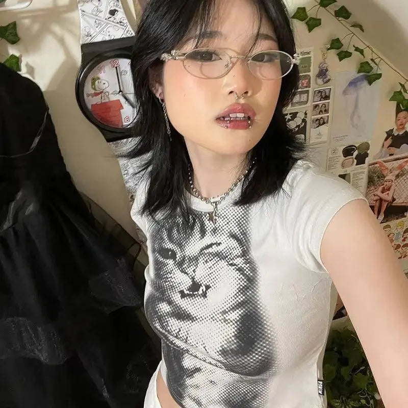 Y2K Cat Print Crop Top O Neck Short Sleeve Vintage Cute Grunge Aesthetic T Shirt Women Harajuku Aesthetic Tee Korean - SS69