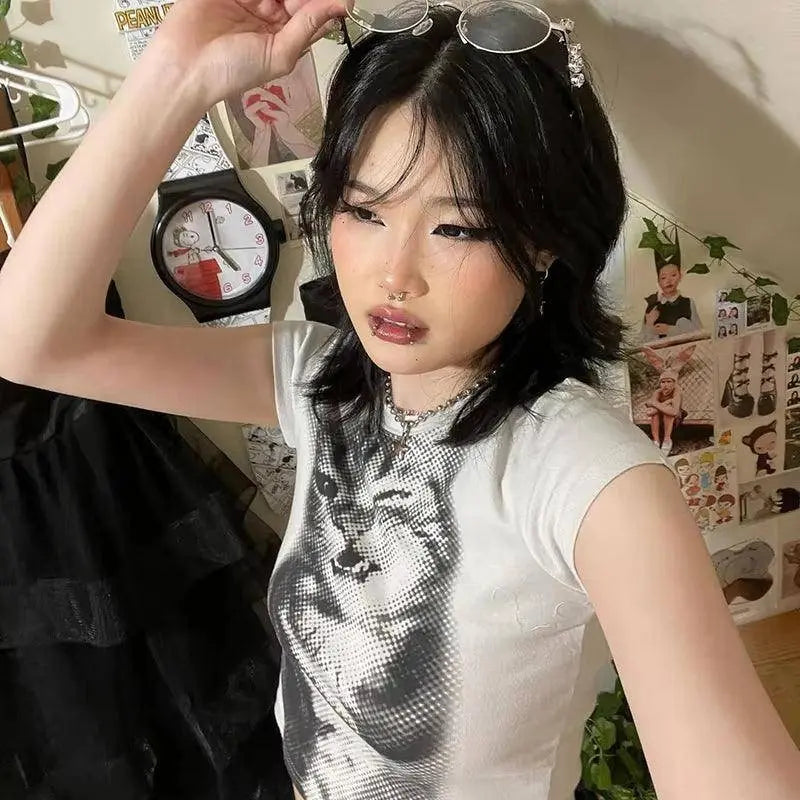 Y2K Cat Print Crop Top O Neck Short Sleeve Vintage Cute Grunge Aesthetic T Shirt Women Harajuku Aesthetic Tee Korean - SS69