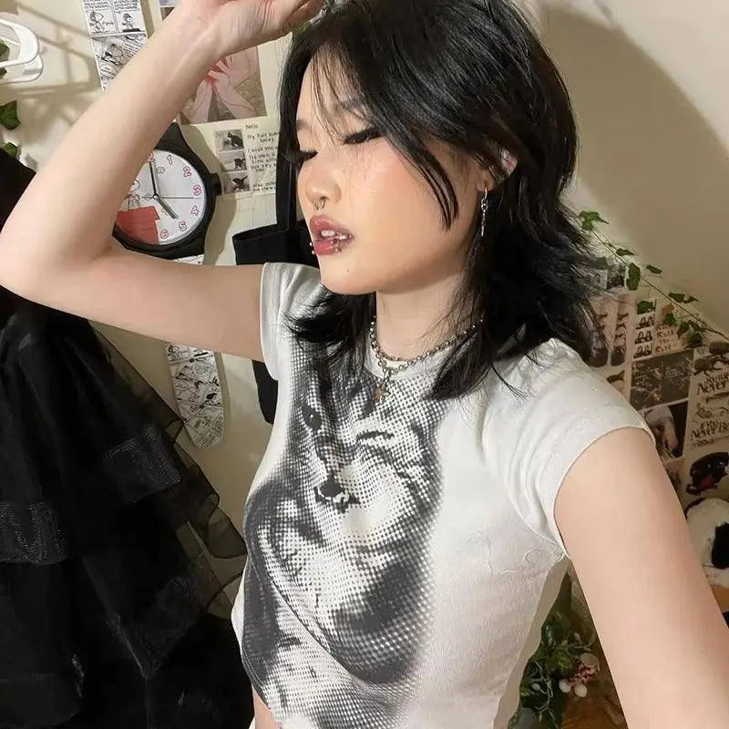 Y2K Cat Print Crop Top O Neck Short Sleeve Vintage Cute Grunge Aesthetic T Shirt Women Harajuku Aesthetic Tee Korean - SS69